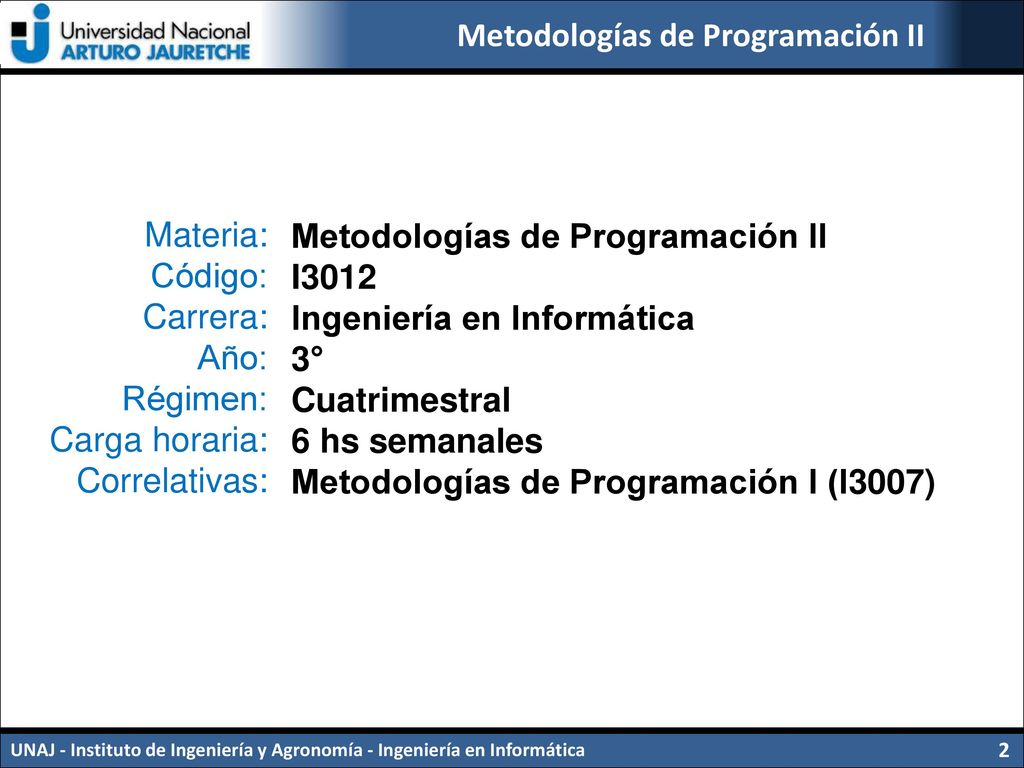 Materia: Código: Carrera: Año: Régimen: Carga horaria: Correlativas: Metodologías de Programación II.