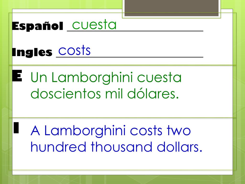 E I cuesta costs Un Lamborghini cuesta doscientos mil dólares.