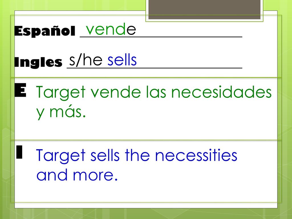 E I vende s/he sells Target vende las necesidades y más.