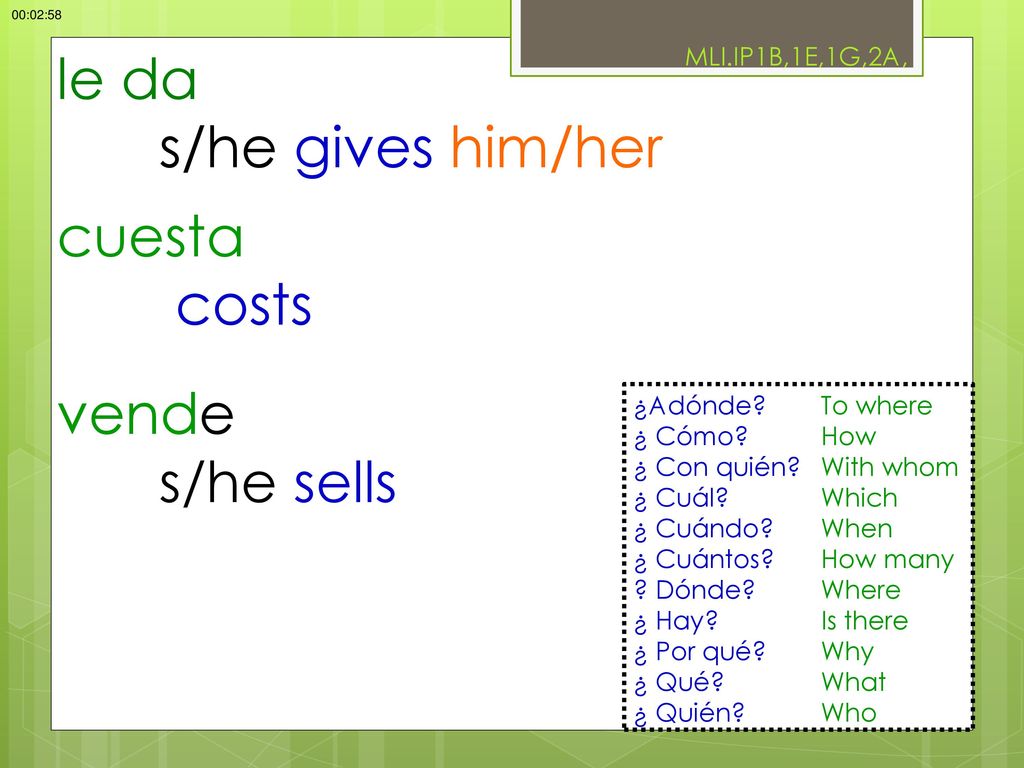 le da s/he gives him/her cuesta costs vende s/he sells