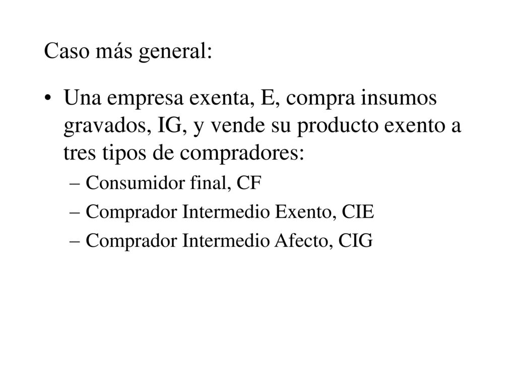 Caso más general: Una empresa exenta, E, compra insumos gravados, IG, y vende su producto exento a tres tipos de compradores: