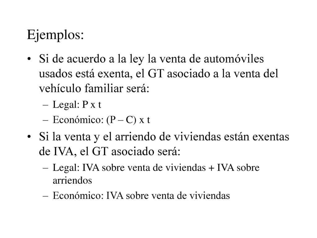 Ejemplos: Si de acuerdo a la ley la venta de automóviles usados está exenta, el GT asociado a la venta del vehículo familiar será: