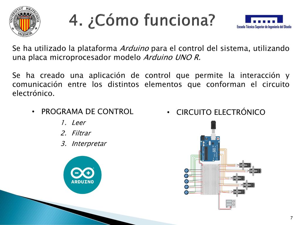 4. ¿Cómo funciona Se ha utilizado la plataforma Arduino para el control del sistema, utilizando una placa microprocesador modelo Arduino UNO R.