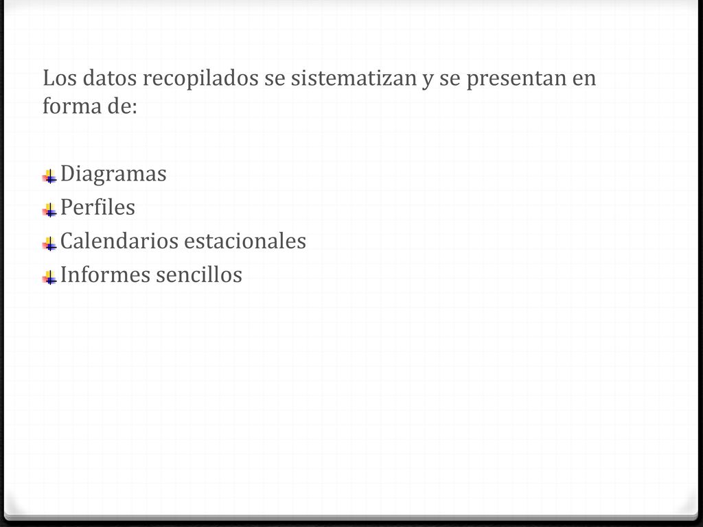 Los datos recopilados se sistematizan y se presentan en forma de: