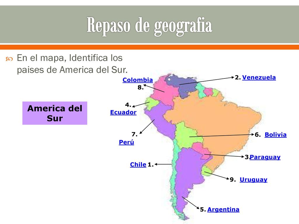 Repaso de geografia En el mapa, Identifica los paises de America del Sur. 2. Venezuela. Colombia.