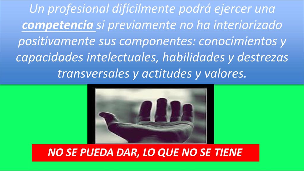Un profesional difícilmente podrá ejercer una competencia si previamente no ha interiorizado positivamente sus componentes: conocimientos y capacidades intelectuales, habilidades y destrezas transversales y actitudes y valores.