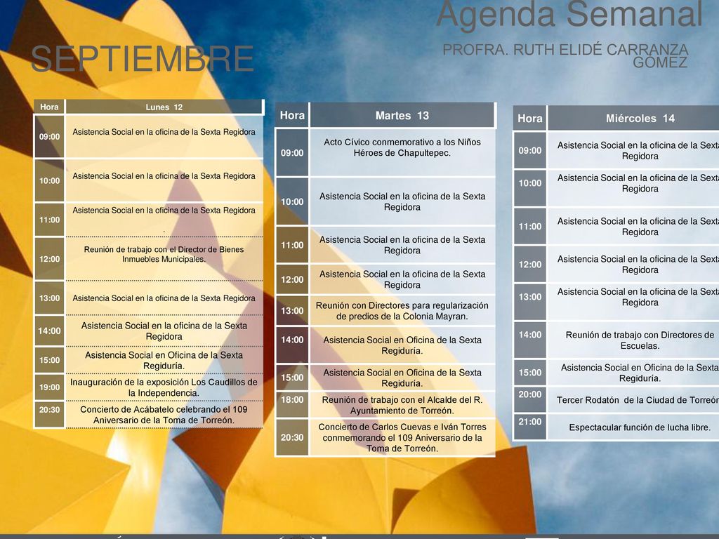 Agenda Semanal SEPTIEMBRE Cabildo Torreón PROFRA. RUTH ELIDÉ CARRANZA