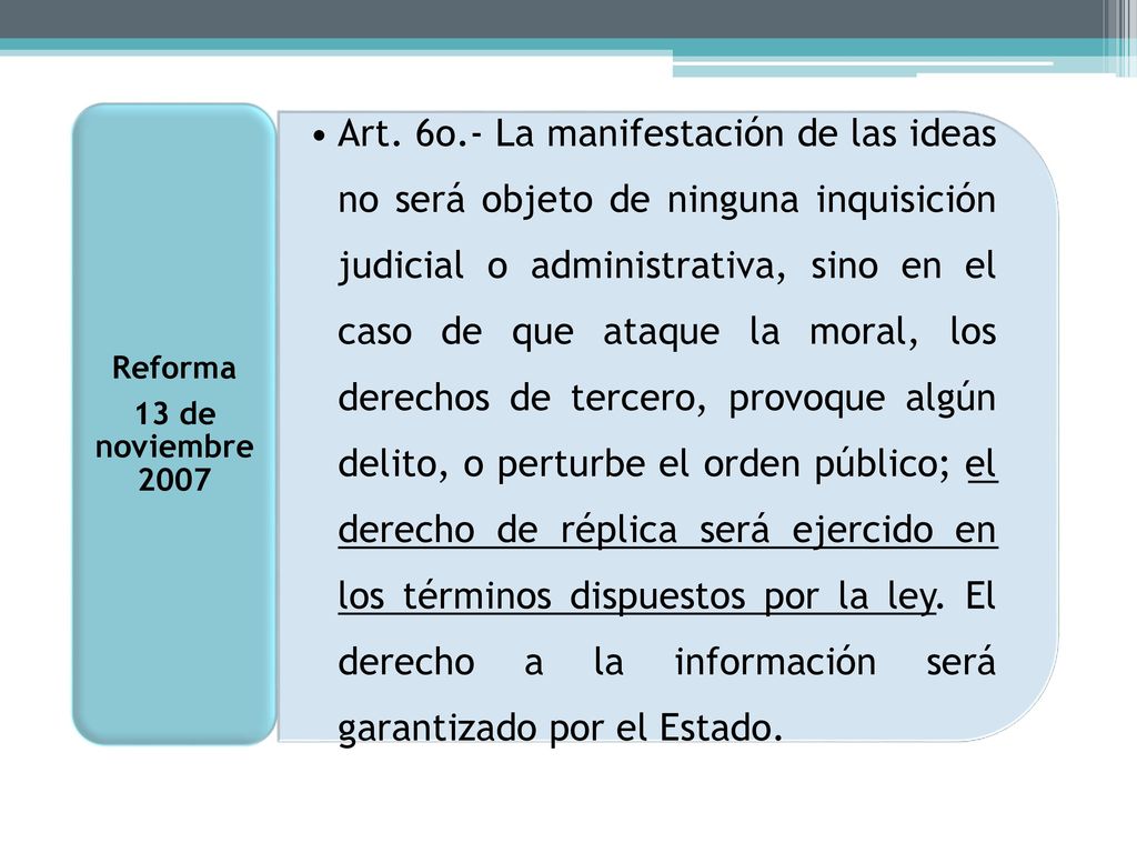 Art. 6o.- La manifestación de las ideas no será objeto de ninguna inquisición judicial o administrativa, sino en el caso de que ataque la moral, los derechos de tercero, provoque algún delito, o perturbe el orden público; el derecho de réplica será ejercido en los términos dispuestos por la ley. El derecho a la información será garantizado por el Estado.