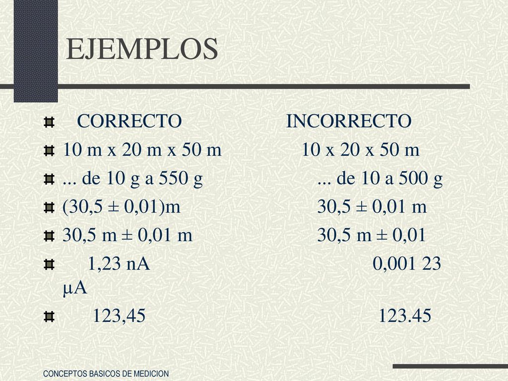 EJEMPLOS CORRECTO INCORRECTO 10 m x 20 m x 50 m 10 x 20 x 50 m
