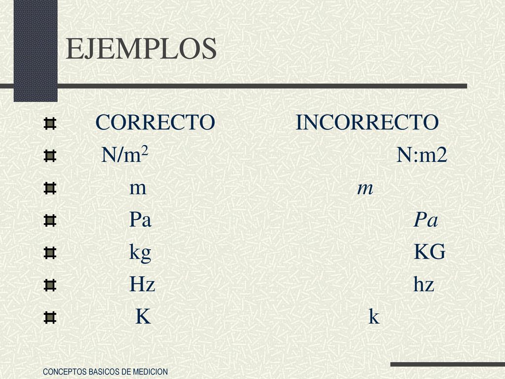 EJEMPLOS CORRECTO INCORRECTO. N/m2 N:m2. m m. Pa Pa. kg KG.