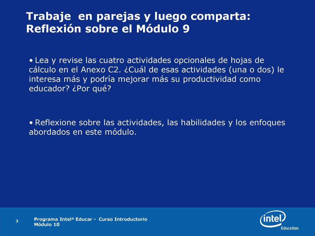 Trabaje en parejas y luego comparta: Reflexión sobre el Módulo 9