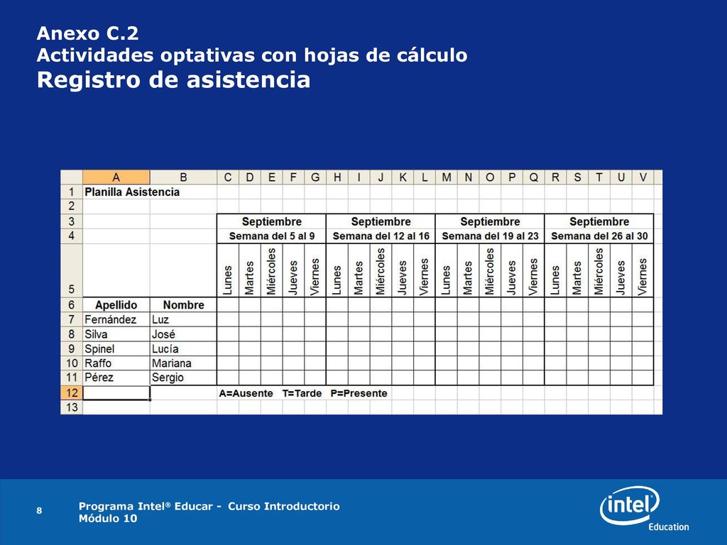 Anexo C.2 Actividades optativas con hojas de cálculo Registro de asistencia