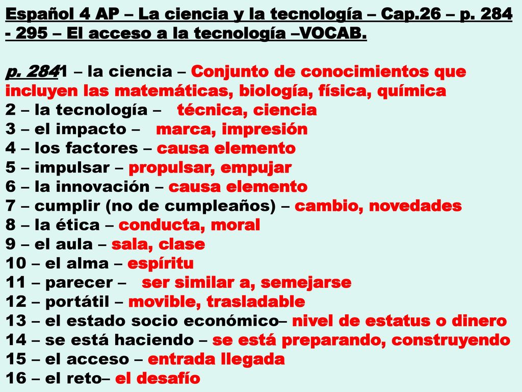 Español 4 AP – La ciencia y la tecnología – Cap. 26 – p