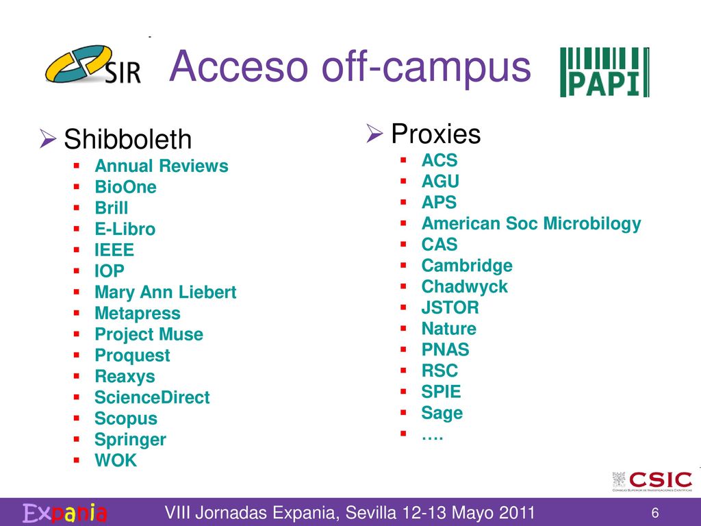 Acceso off-campus Proxies Shibboleth ACS Annual Reviews AGU BioOne APS