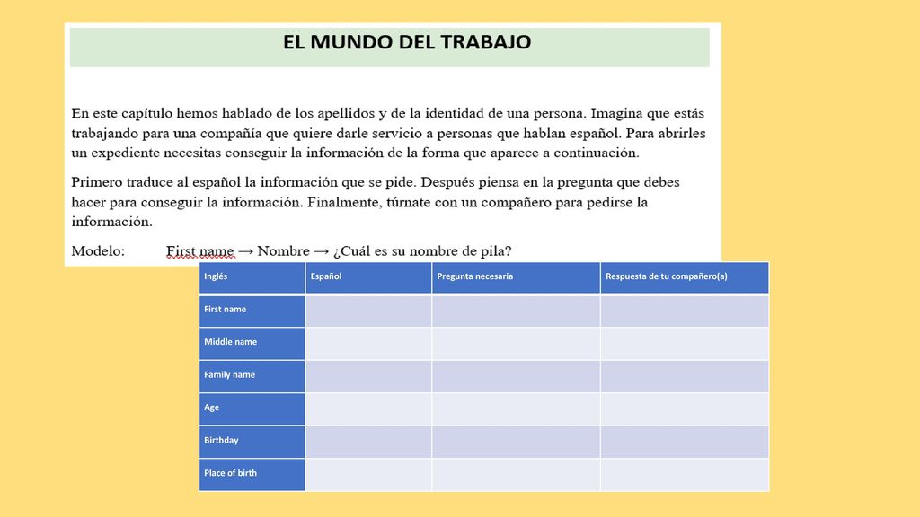 Inglés Español. Pregunta necesaria. Respuesta de tu compañero(a) First name. Middle name. Family name.