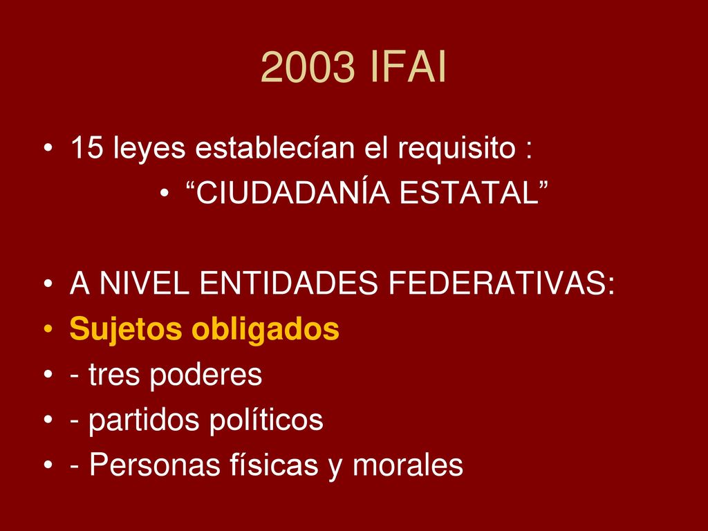2003 IFAI 15 leyes establecían el requisito : CIUDADANÍA ESTATAL
