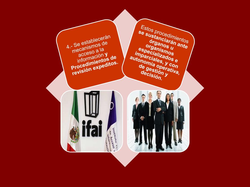 4.- Se establecerán mecanismos de acceso a la información y Procedimientos de revisión expeditos.