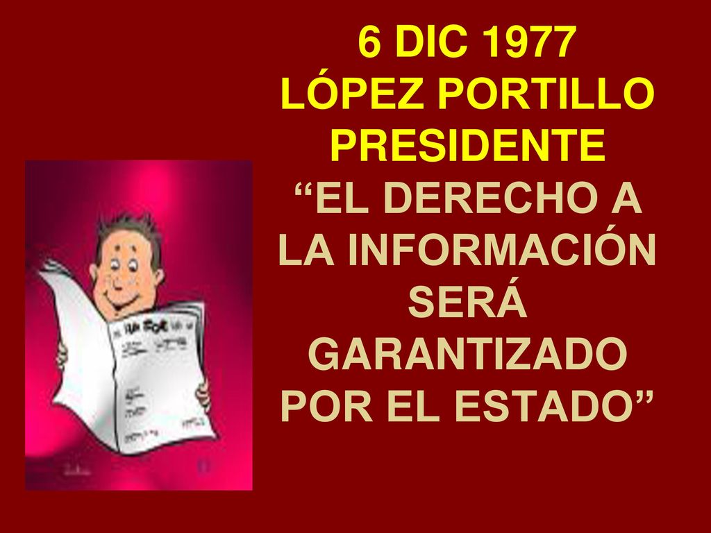 6 DIC 1977 LÓPEZ PORTILLO PRESIDENTE EL DERECHO A LA INFORMACIÓN SERÁ GARANTIZADO POR EL ESTADO