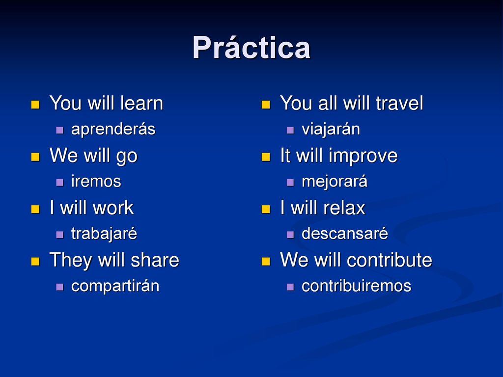Práctica You will learn We will go I will work They will share