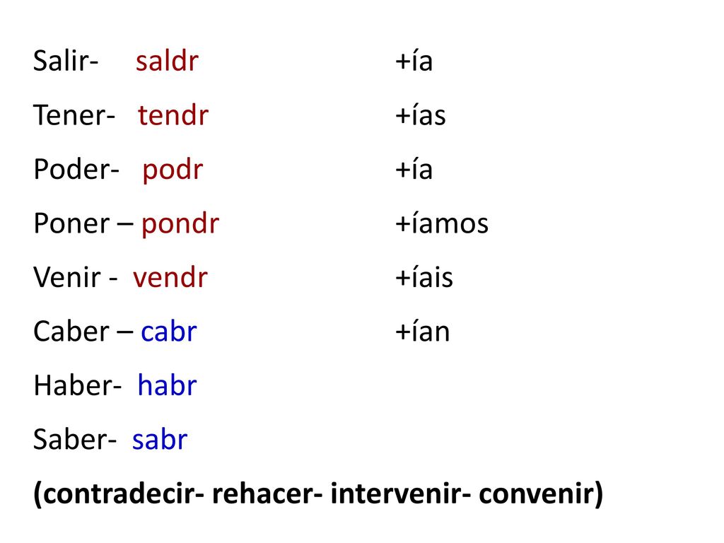 Salir- saldr +ía Tener- tendr +ías. Poder- podr +ía. Poner – pondr +íamos. Venir - vendr +íais.