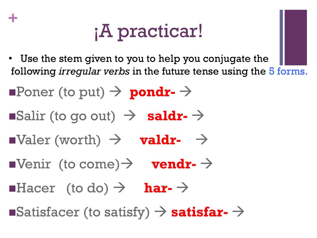 ¡A practicar! Poner (to put)  pondr-  Salir (to go out)  saldr- 