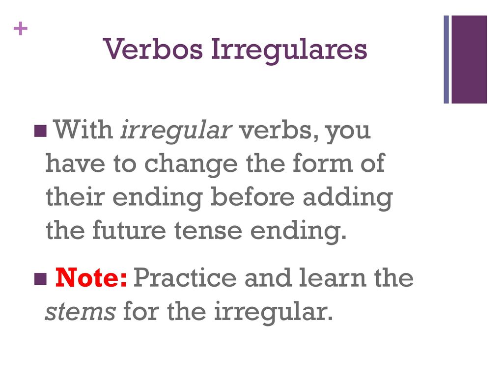Verbos Irregulares With irregular verbs, you have to change the form of their ending before adding the future tense ending.