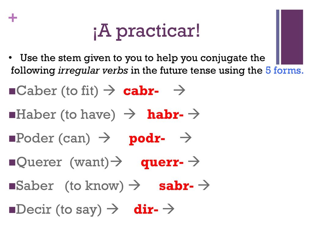 ¡A practicar! Caber (to fit)  cabr-  Haber (to have)  habr- 