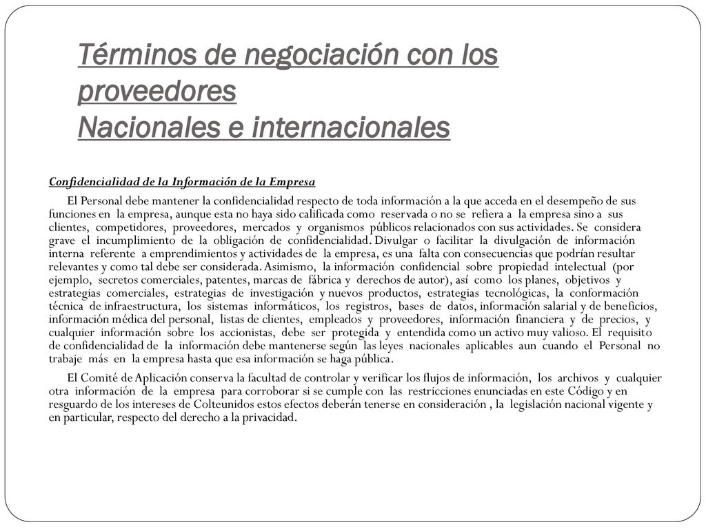 Términos de negociación con los proveedores Nacionales e internacionales