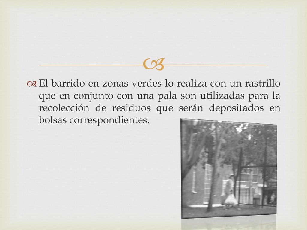 El barrido en zonas verdes lo realiza con un rastrillo que en conjunto con una pala son utilizadas para la recolección de residuos que serán depositados en bolsas correspondientes.
