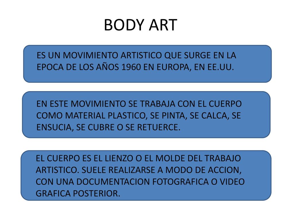 BODY ART ES UN MOVIMIENTO ARTISTICO QUE SURGE EN LA EPOCA DE LOS AÑOS 1960 EN EUROPA, EN EE.UU.