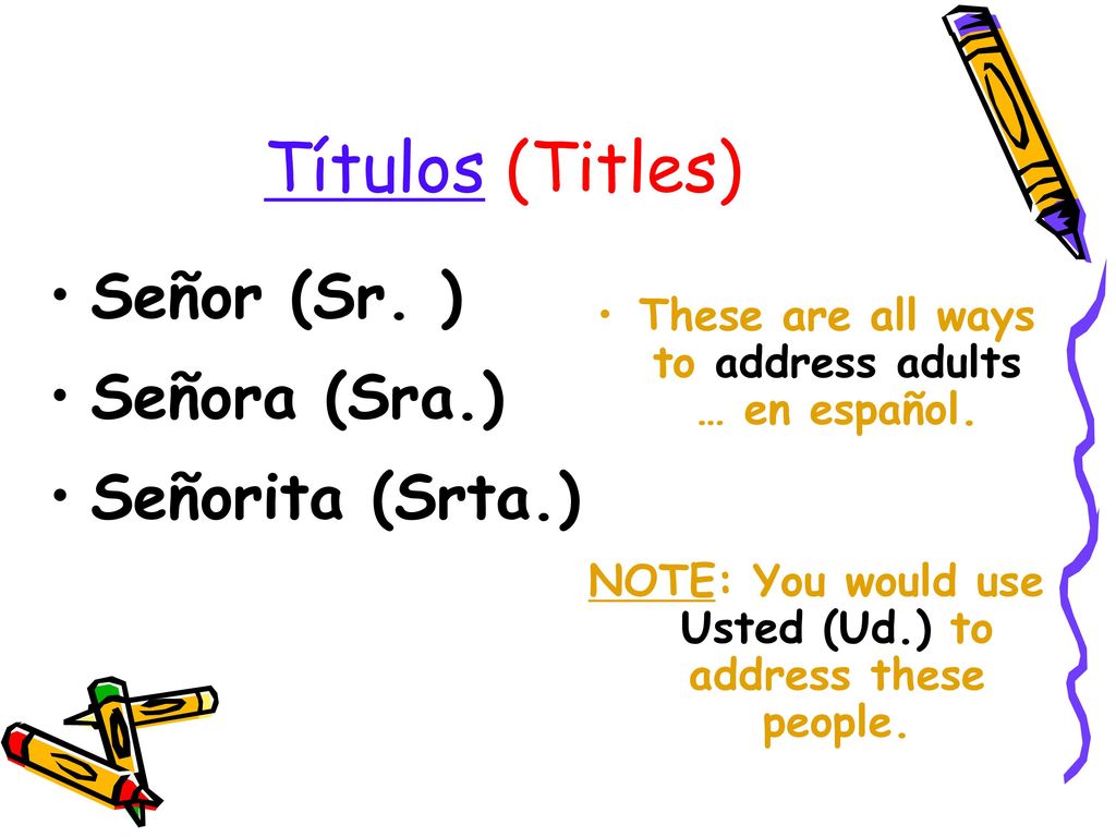 Títulos (Titles) Señor (Sr. ) Señora (Sra.) Señorita (Srta.)