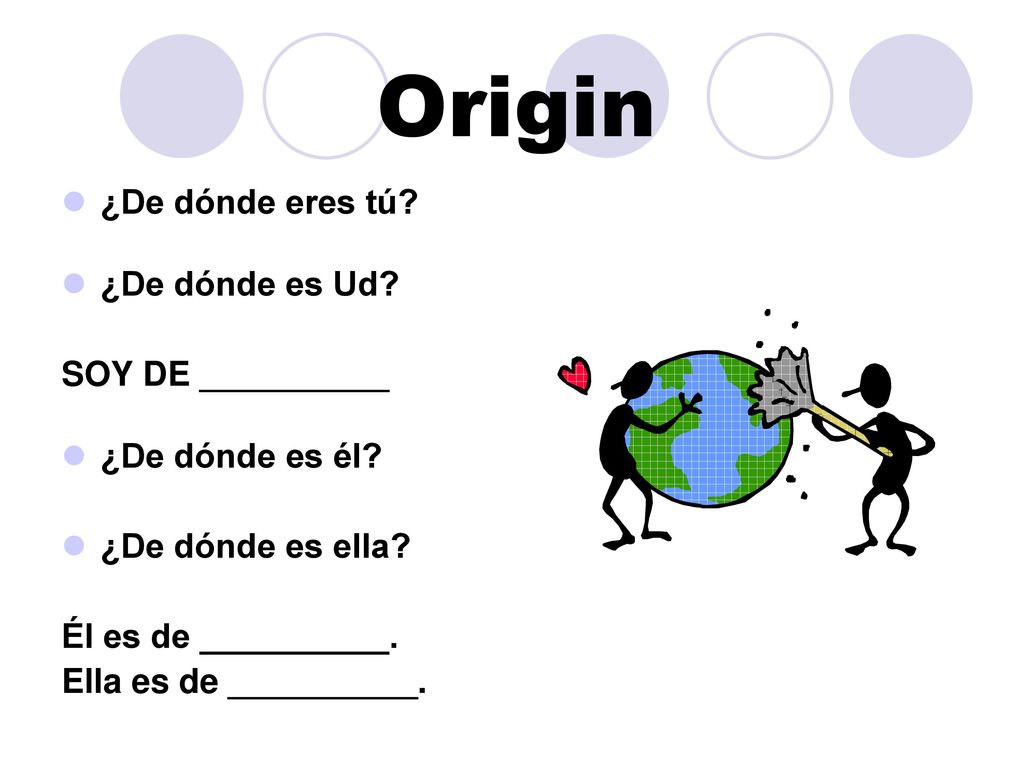Origin ¿De dónde eres tú ¿De dónde es Ud SOY DE __________