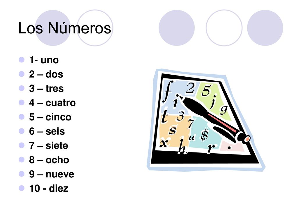 Los Números 1- uno 2 – dos 3 – tres 4 – cuatro 5 – cinco 6 – seis