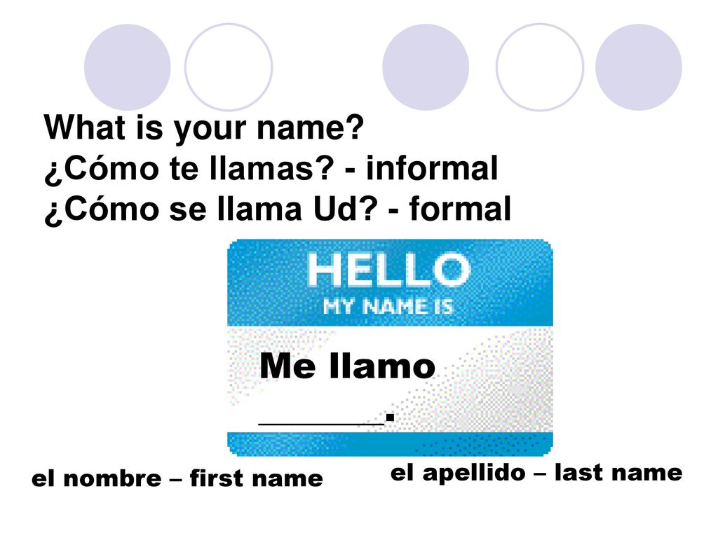 What is your name. ¿Cómo te llamas. - informal ¿Cómo se llama Ud
