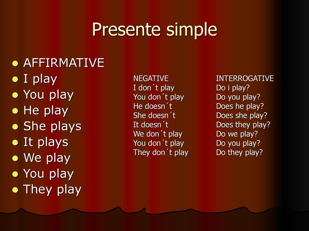 Presente simple AFFIRMATIVE I play You play He play She plays It plays