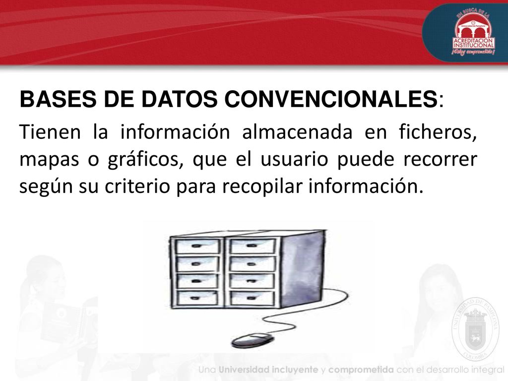 BASES DE DATOS CONVENCIONALES: Tienen la información almacenada en ficheros, mapas o gráficos, que el usuario puede recorrer según su criterio para recopilar información.