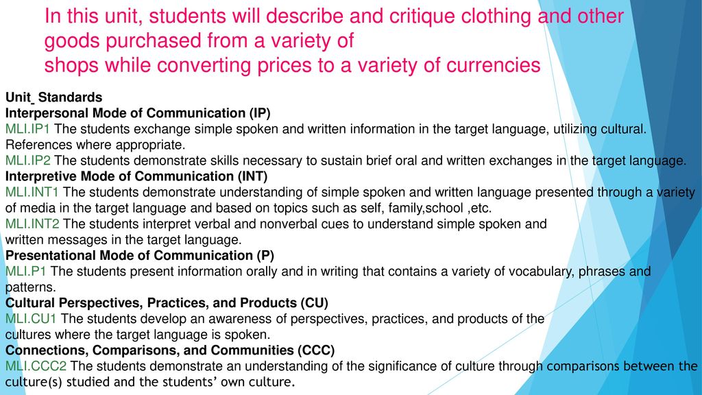 In this unit, students will describe and critique clothing and other goods purchased from a variety of shops while converting prices to a variety of currencies