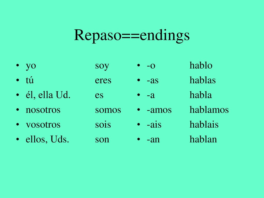 Repaso==endings yo soy tú eres él, ella Ud. es nosotros somos