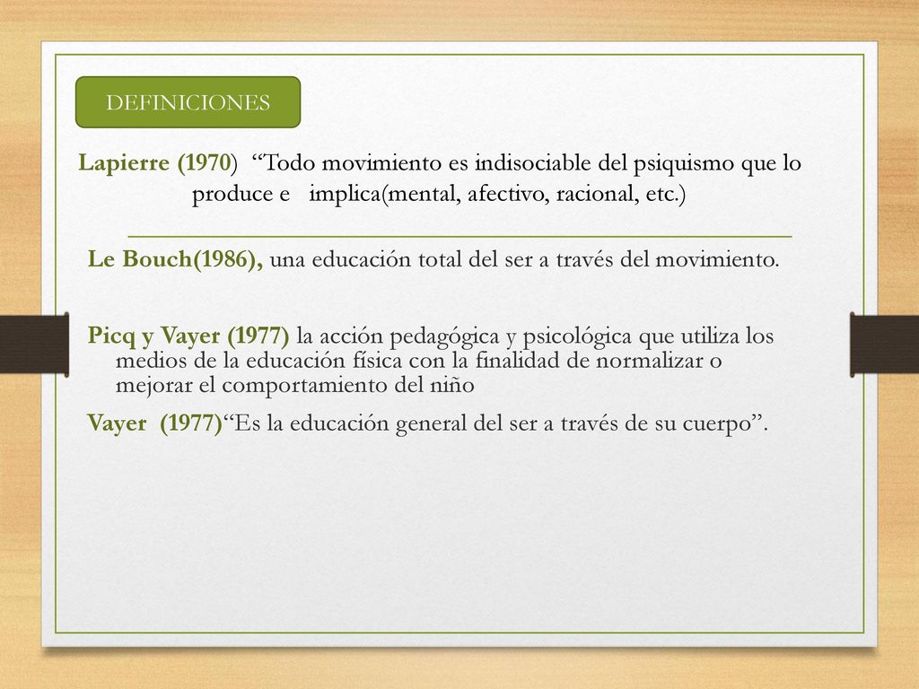 DEFINICIONES Lapierre (1970) Todo movimiento es indisociable del psiquismo que lo produce e implica(mental, afectivo, racional, etc.)