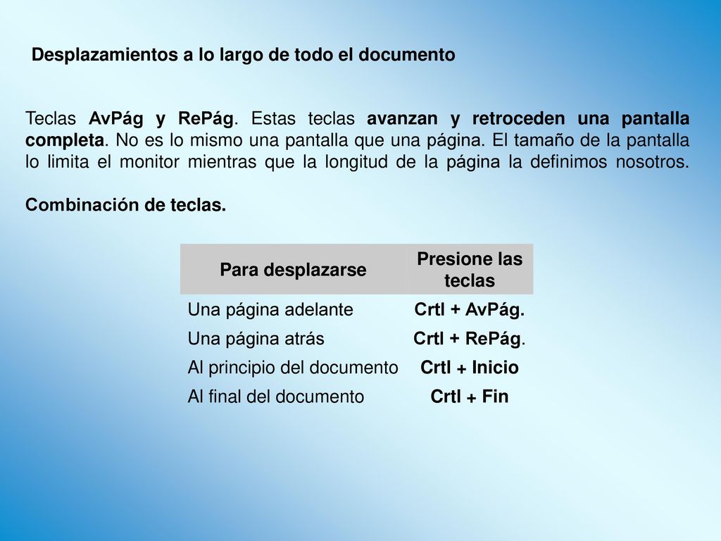 Teclas AvPág y RePág. Estas teclas avanzan y retroceden una pantalla completa. No es lo mismo una pantalla que una página. El tamaño de la pantalla lo limita el monitor mientras que la longitud de la página la definimos nosotros. Combinación de teclas.