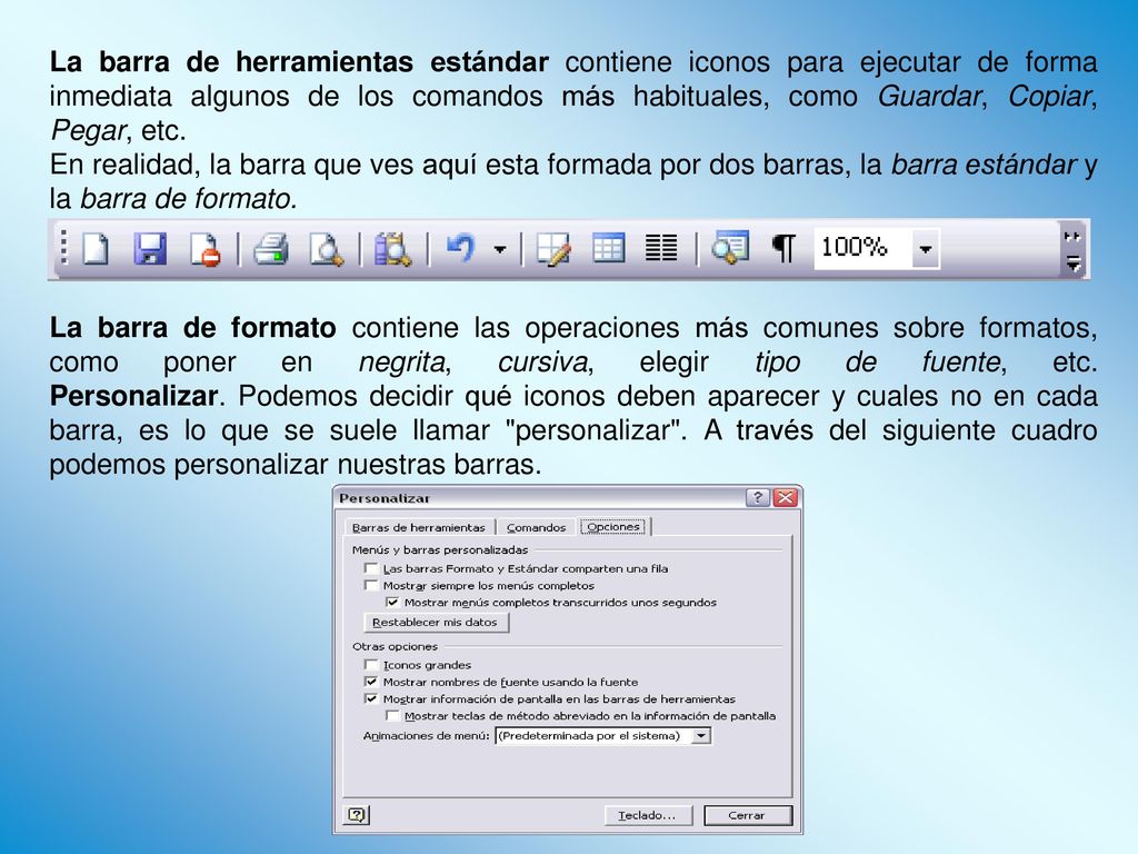 La barra de herramientas estándar contiene iconos para ejecutar de forma inmediata algunos de los comandos más habituales, como Guardar, Copiar, Pegar, etc.