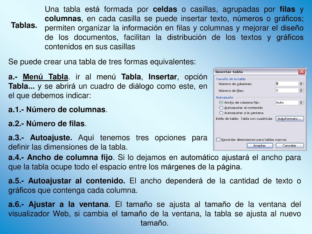 Una tabla está formada por celdas o casillas, agrupadas por filas y columnas, en cada casilla se puede insertar texto, números o gráficos; permiten organizar la información en filas y columnas y mejorar el diseño de los documentos, facilitan la distribución de los textos y gráficos contenidos en sus casillas