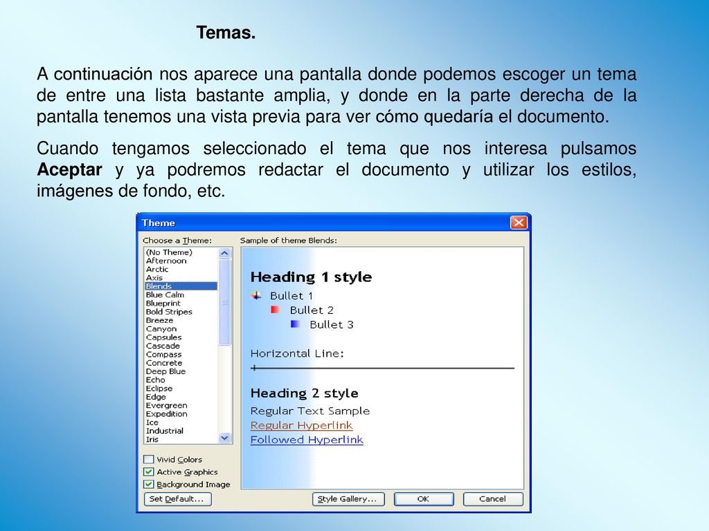 A continuación nos aparece una pantalla donde podemos escoger un tema de entre una lista bastante amplia, y donde en la parte derecha de la pantalla tenemos una vista previa para ver cómo quedaría el documento.