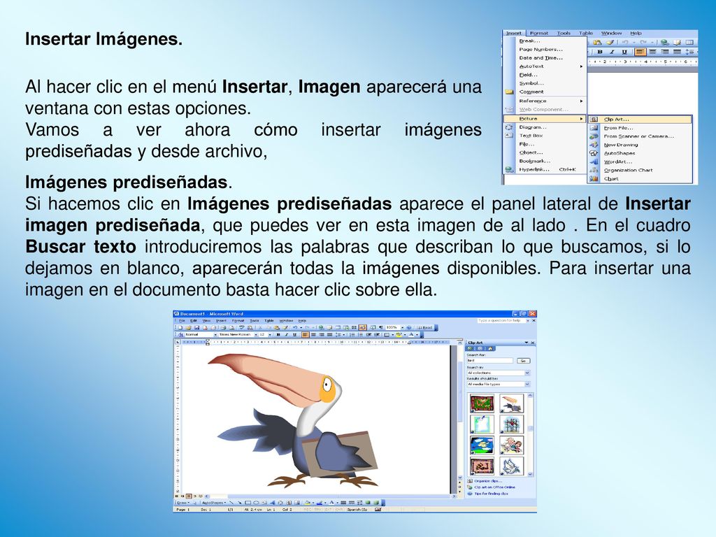 Insertar Imágenes. Al hacer clic en el menú Insertar, Imagen aparecerá una ventana con estas opciones.