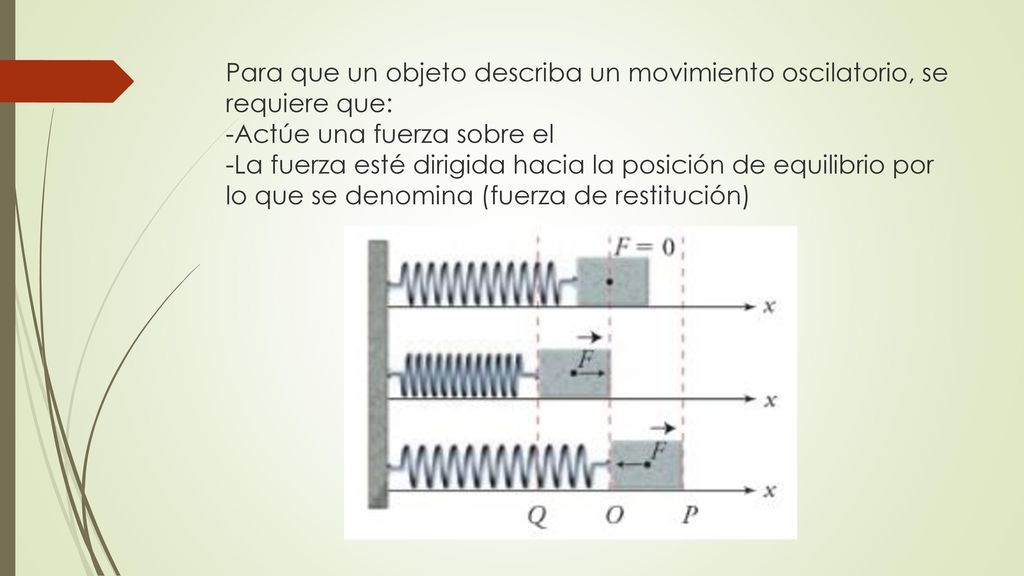 Para que un objeto describa un movimiento oscilatorio, se requiere que: -Actúe una fuerza sobre el -La fuerza esté dirigida hacia la posición de equilibrio por lo que se denomina (fuerza de restitución)