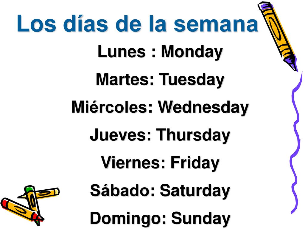 Los días de la semana Lunes : Monday Martes: Tuesday