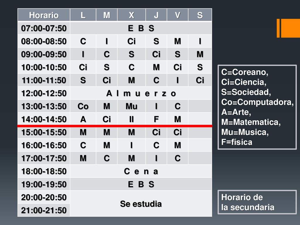 Horario L. M. X. J. V. S. 07:00-07:50. E B S. 08:00-08:50. C. I. Ci. 09:00-09:50. 10:00-10:50.