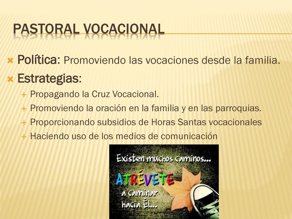 Pastoral vocacional Política: Promoviendo las vocaciones desde la familia. Estrategias: Propagando la Cruz Vocacional.