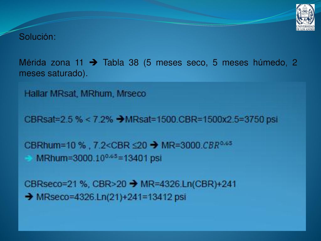 Solución: Mérida zona 11  Tabla 38 (5 meses seco, 5 meses húmedo, 2 meses saturado). Hallar MRsat, MRhum, Mrseco.