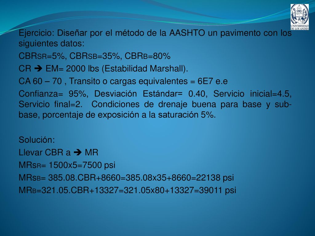 Ejercicio: Diseñar por el método de la AASHTO un pavimento con los siguientes datos: